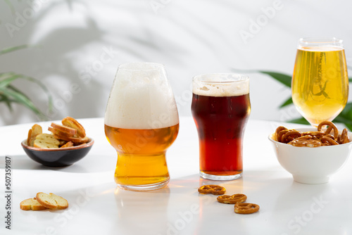 Snacks and beer in glasses party summer concept copy space