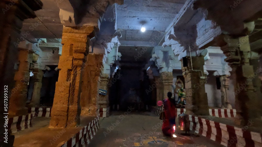 Corridors of 1000 years old Hindu god shiva temple from Tamil Nadu, India