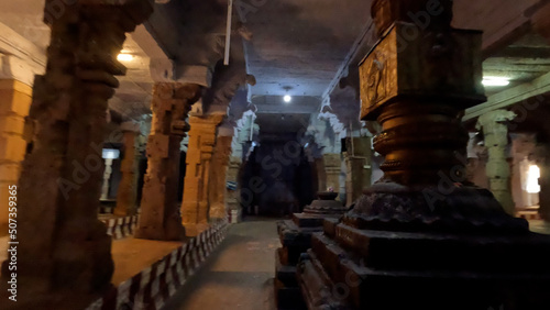 Corridors of 1000 years old Hindu god shiva temple from Tamil Nadu, India