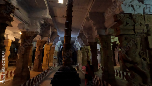 Corridors of 1000 years old Hindu god shiva temple from Tamil Nadu, India