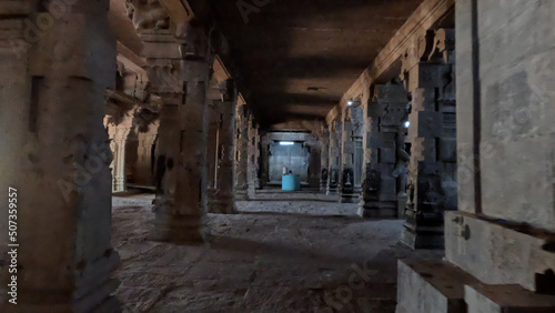 Corridors of 1000 years old Hindu god shiva temple from Tamil Nadu  India