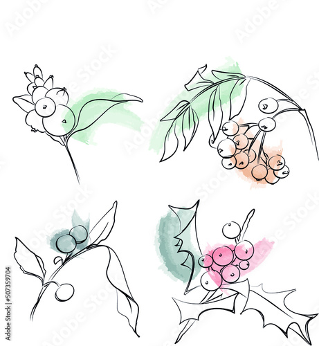 Set of hand-drawn branches with leaves and berries