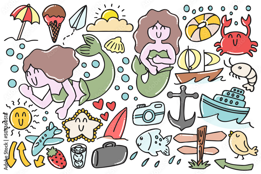 Set of cute summer doodles with mermaid