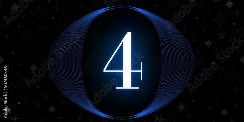 Number 4. Banner with the number four on a black background and white stars with a circle blue in the middle photo