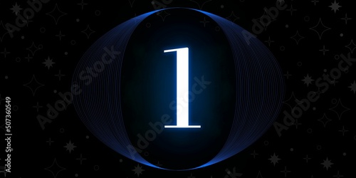 Number 1. Banner with the number one on a black background and white stars with a circle blue in the middle