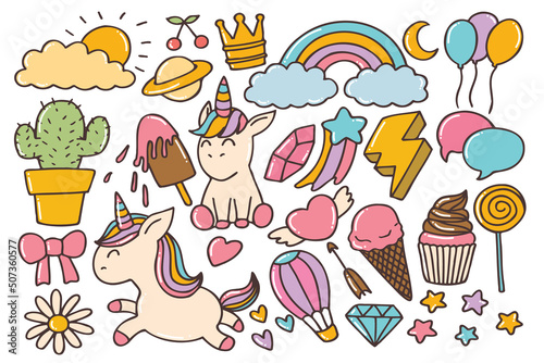 Set of cute unicorn doodles