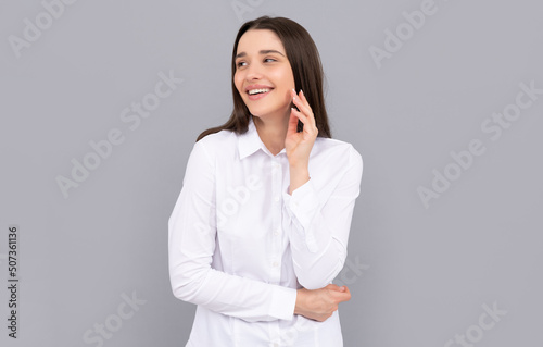 smiling businesswoman in white shirt. business success. successful woman in businesslike clothes