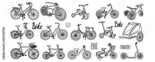 Bicycle doodle set with kid, male, female bike. Eco transport collection