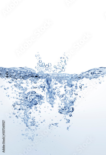 Turbulences into scrambled water surface with bubbles against white background.