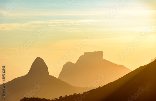 Rio de Janeiro mountains silhouette during summer sunset