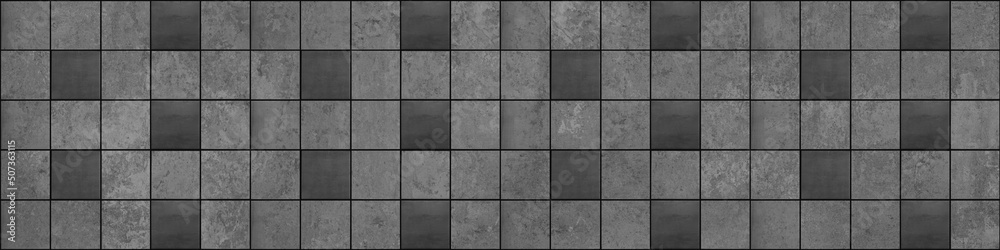 Naklejka premium Seamless grunge grey gray square mosaic concrete cement stone wall tiles pattern texture wide background banner panoramic panorama