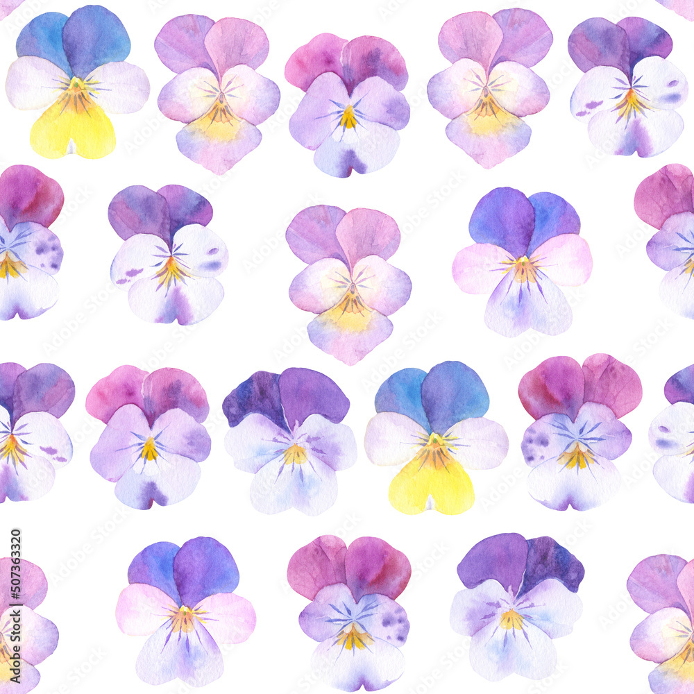 Seamless pattern with  pansies flower heads on white background. Floral watercolor  background. Perfect for design templates, wallpaper, wrapping, fabric and textile.
