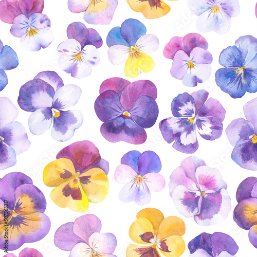 Fototapeta Naklejka Na Ścianę i Meble -  Seamless pattern with  pansies flower heads on white background. Floral watercolor  background. Perfect for design templates, wallpaper, wrapping, fabric and textile.