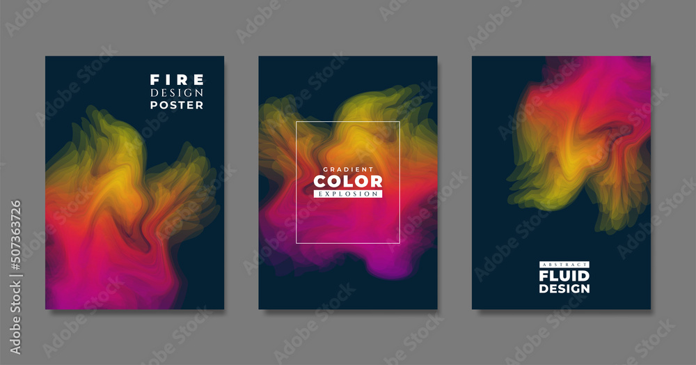 Cover template layout with vibrant gradient colorful fluid explosion shapes. Futuristic abstract background with colorful smoke for your graphic design. Vector illustration.