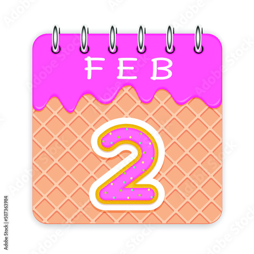 2 day of a month. February. Waffle cone calendar with melted ice cream. 3d daily icon. Date. Week Sunday, Monday, Tuesday, Wednesday, Thursday, Friday, Saturday. White background Vector illustration