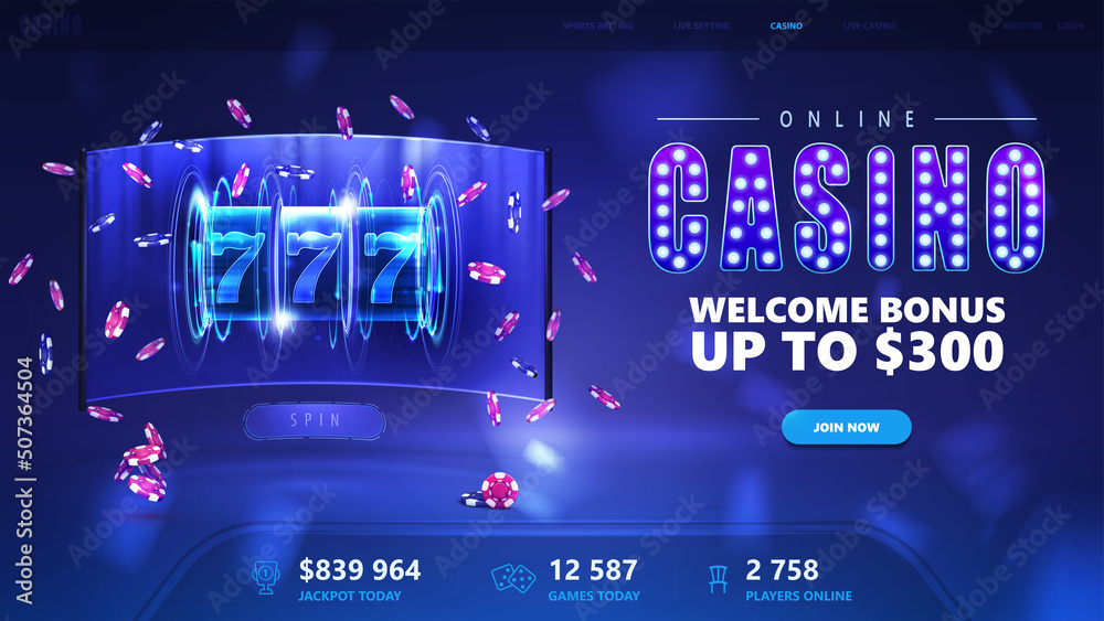 Web banner for website with button, augmented virtual reality interface with neon slot machine and poker chips