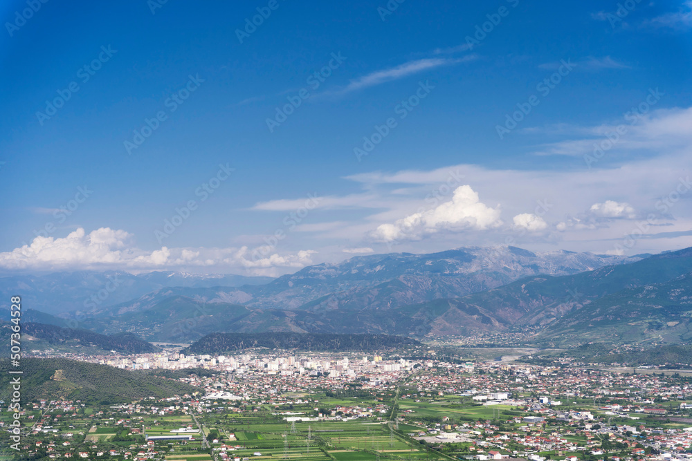 Albania, Elbasan the city with blue sky, view from the mountain of Krabë