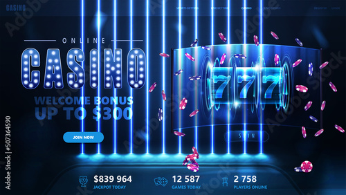 Blue banner with augmented virtual reality interface with neon slot machine and poker chips on background with blue neon line wall
