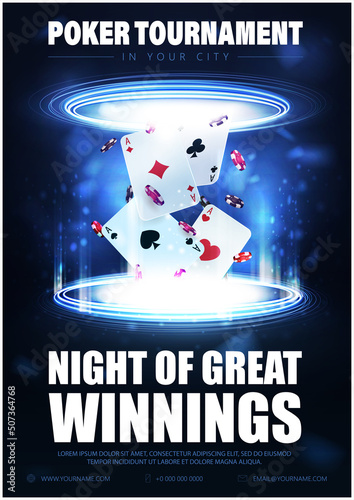Poker tournament, dark and blue poster with playing cards with poker chips inside blue portal made of digital rings in dark empty scene