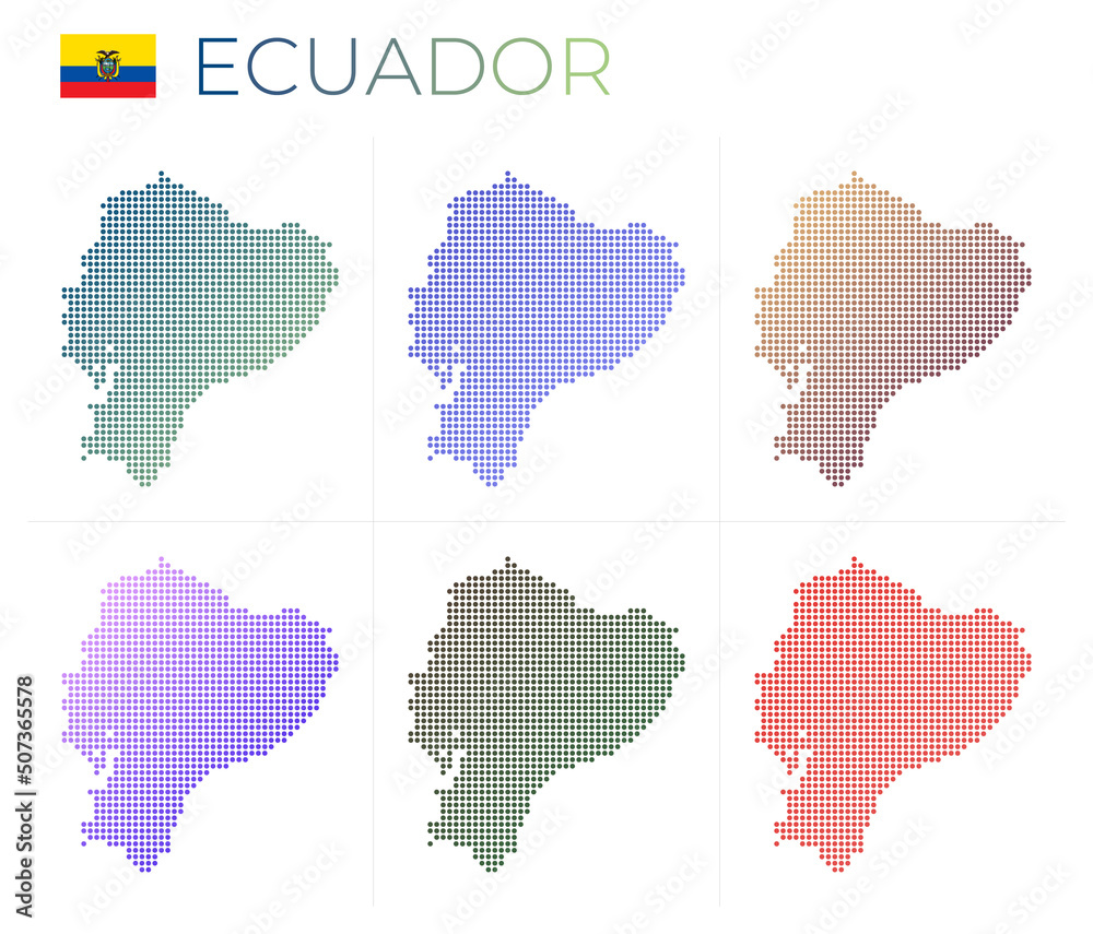 Ecuador dotted map set. Map of Ecuador in dotted style. Borders of the country filled with beautiful smooth gradient circles. Artistic vector illustration.