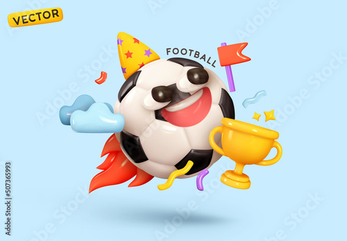 Happy soccer ball with golden cup. Football victory celebrations. Creative concept background with sports elements game. Realistic 3d design object cartoon style. vector illustration
