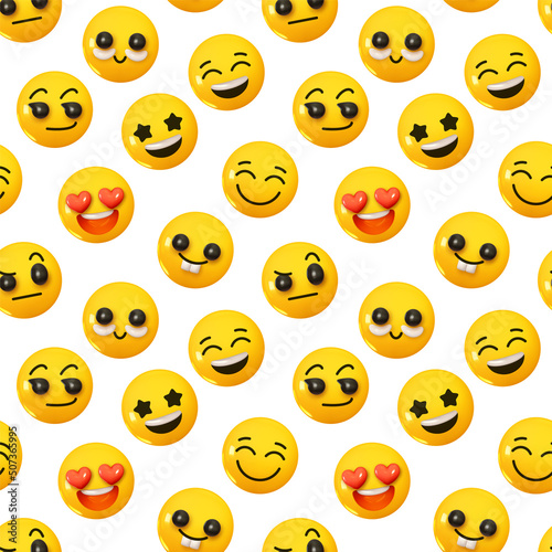 Pattern with yellow emoticons and emotions. Background cartoon emoticons happy faces lovers with hearts realistic 3d design. vector illustration