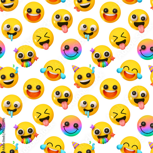 Pattern with yellow emoticons and emotions. Background cartoon emoticons happy faces with smiles realistic 3d design. vector illustration