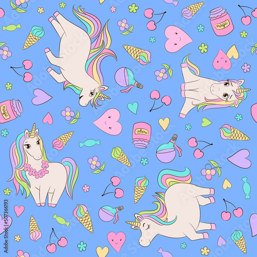 Cute Unicorn seamless pattern blue color. Graphic print repeat design baby unicorn theme. Hand drawn litttle pony characters. Fun kids fashion print for textile, paper stationery. photo