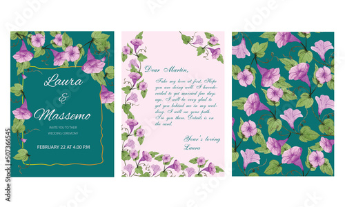 Watercolor floral wedding invitation card set template Vector morning glory 