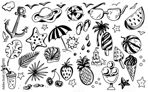 
Stickers summer doodle sketch hand drawn line graphic black and white big set of separate elements separately on a white background umbrella pineapple anchor sun