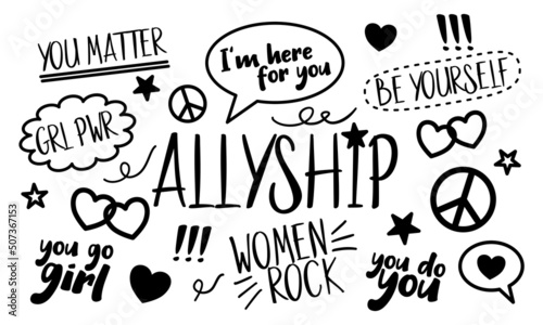 Set of allyship for women concept doodles on white background. Solidarity for women in inclusive community, empowerment
