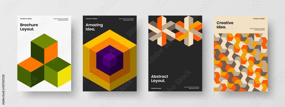 Multicolored placard A4 design vector concept composition. Trendy geometric hexagons corporate identity layout set.