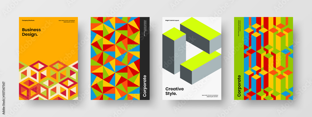 Original geometric shapes placard concept bundle. Unique corporate brochure A4 vector design template composition.