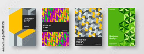 Colorful mosaic shapes book cover illustration composition. Clean placard design vector template set.