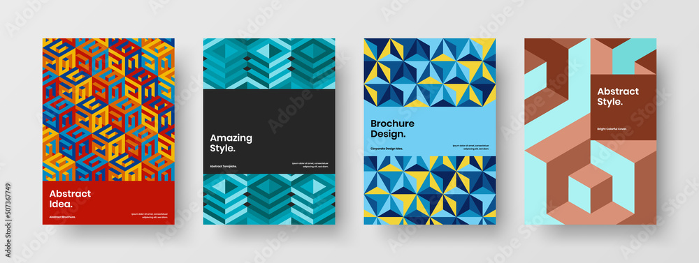 Colorful mosaic pattern company identity concept set. Unique handbill A4 vector design layout bundle.