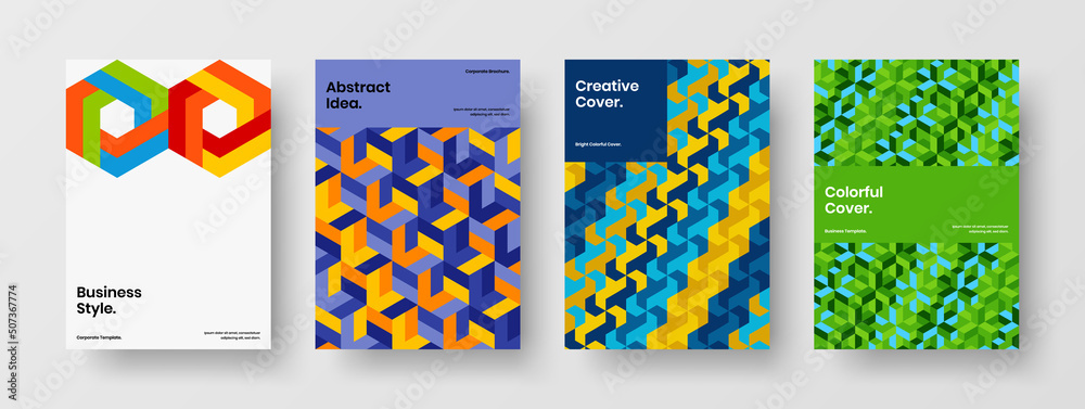 Premium company cover A4 design vector concept collection. Vivid mosaic pattern handbill illustration set.