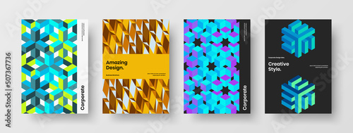 Colorful geometric hexagons magazine cover concept composition. Modern company identity A4 vector design template collection.
