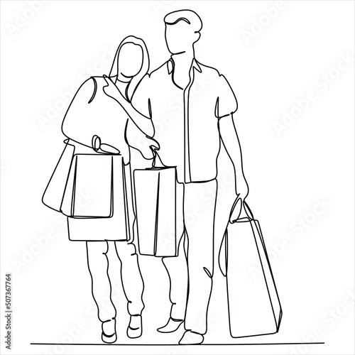 Continuous line drawing of man and woman shopping with bags , couple shopping