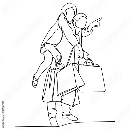Continuous line drawing of man and woman shopping with bags , couple shopping