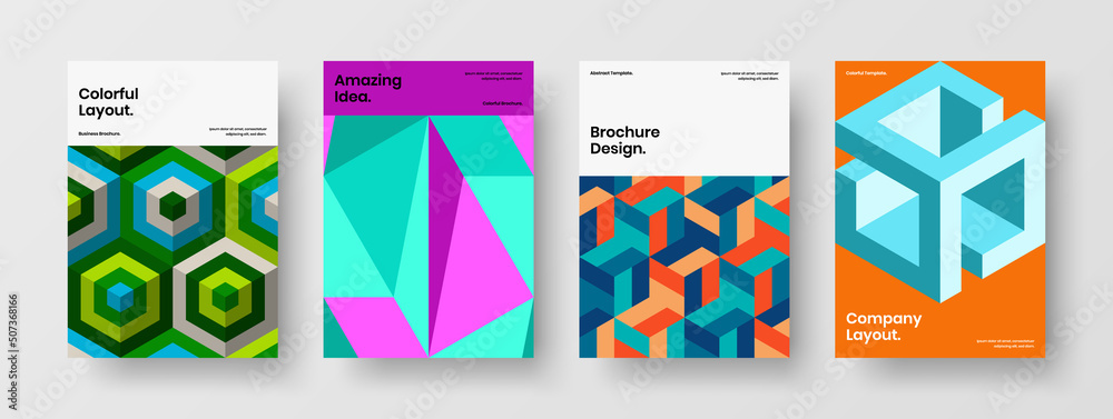 Abstract corporate brochure A4 design vector template composition. Colorful mosaic shapes postcard concept bundle.