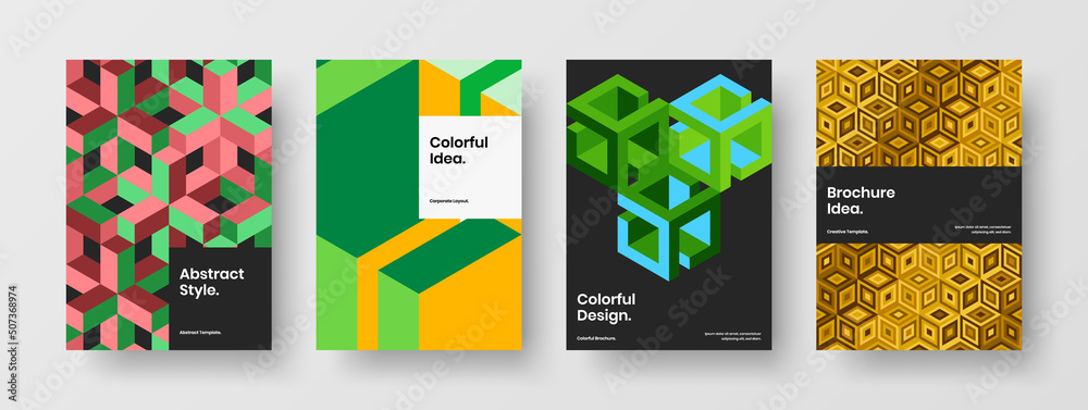 Fresh geometric hexagons annual report concept bundle. Colorful company cover vector design illustration composition.
