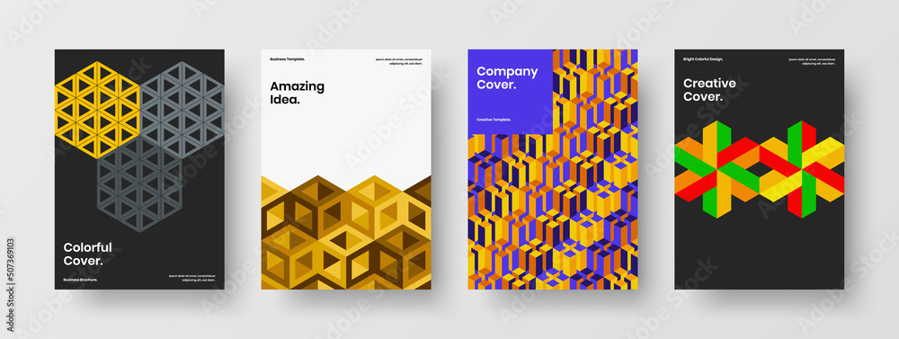 Naklejka premium Fresh handbill A4 design vector layout set. Clean mosaic shapes front page illustration composition.