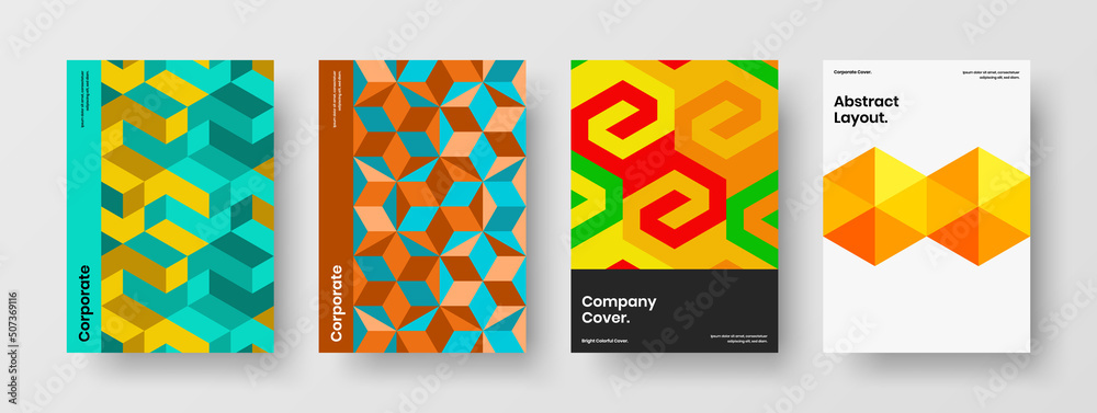 Isolated catalog cover A4 vector design template composition. Minimalistic geometric hexagons presentation illustration collection.