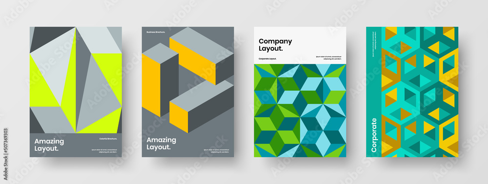 Original magazine cover A4 vector design concept composition. Colorful geometric shapes leaflet template set.