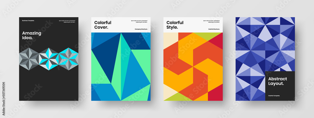 Simple mosaic hexagons poster concept bundle. Colorful handbill design vector illustration composition.