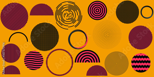 Set of circle geometric shapes. Memphis design, retro elements for web, vintage, advertisement, commercial banner, poster, leaflet, billboard, sale. Collection trendy halftone vector geometric shapes