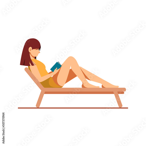 Beautiful girl reading book on the beach. Concept for vacation, holiday and travel. Summer time