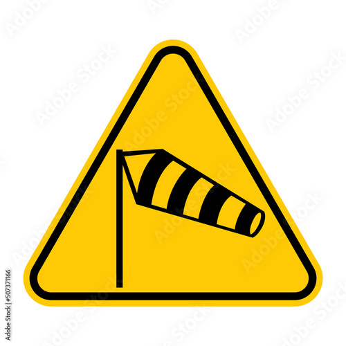 Crosswind warning sign. Vector illustration of yellow triangle sign with windsock icon inside. Risk of strong side wind. Safety sign. Caution symbol with wind cone icon.