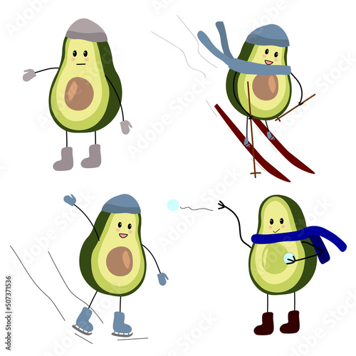 Set of vector illustrations character avocado guy and winter active games. Ice skating, skiing, snowball fights.