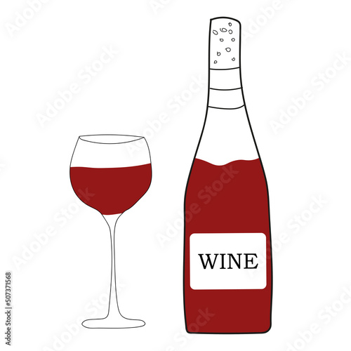 Red wine in a bottle with a glass next to it doodle vector illustration.